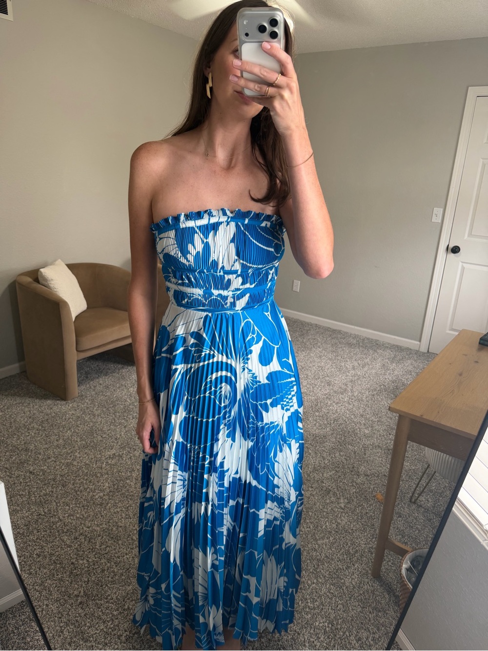 Taylor Strapless Blue and White Floral Pleated Maxi Dress